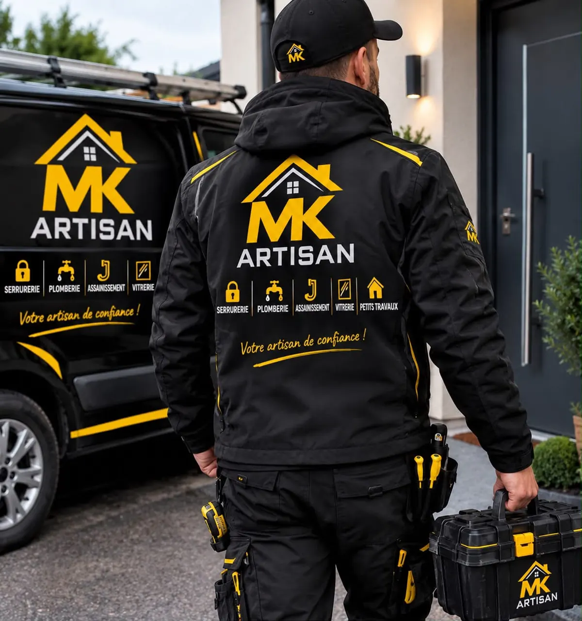 Artisan MK Artisan devant une porte, camionnette floquée